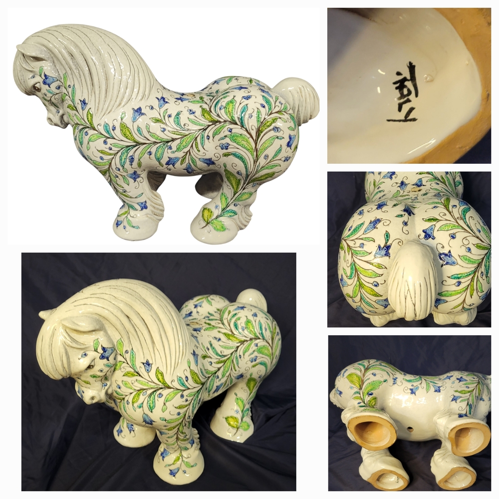 Italian Faience Style Incised Floral Pottery XL Horse Pugi Sculpture 25"x18"